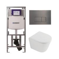 QeramiQ Dely Toiletset - 36.3x51.7cm - diepspoel - rimless - Geberit UP320 inbouwreservoir - softclose toilet zitting 35 mm - gunmetal bedieningsplaat - rechthoekige knoppen - mat wit SW1026254/SW1000767/0701131/SW706199