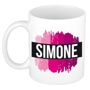 Naam cadeau mok / beker Simone  met roze verfstrepen 300 ml   -