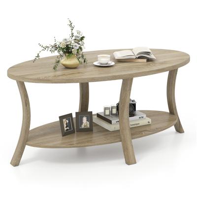 Ovale Salontafel met Opbergruimte Woonkamer Tafel 2-laags Bijzettafel Salontafel Koffietafel Eikenhout