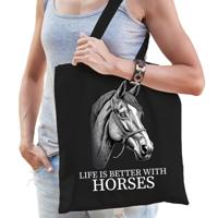 Cadeau tas voor boerderijdierenliefhebber - paarden - zwart - katoen - 42 x 38 cm
