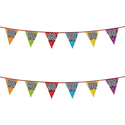 Boland Vlaggenlijn 50 jaar - 2x - multicolor - glitters - 8 meter - kunststof - vlaggetjes Boland Vlaggenlijn 50 jaar - 2x - multicolor - glitters - 8 meter - kunststof - vlaggetjes