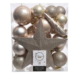 33x Champagne kerstballen met ster piek 5-6-8 cm kunststof mix   -