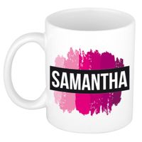 Naam cadeau mok / beker Samantha met roze verfstrepen 300 ml - thumbnail