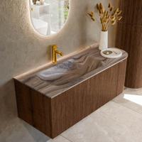 Badmeubel Mondiaz Kurve-Dlux | 115 cm | Meubelkleur Walnut | Wastafelkleur Sombra | Solid surface | Wasbak linker zijde spoelbak | 1 kraangat