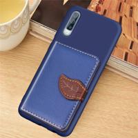 Litchi patroon kaart tas portemonnee beugel + TPU telefoon geval met kaartsleuf portemonnee beugel functie voor Galaxy A50 (blauw)