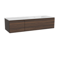 Storke Edge zwevend badmeubel 150 x 52 cm notenhout met Mata asymmetrisch rechtse wastafel in solid surface mat wit