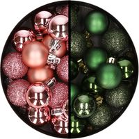 34x stuks kunststof kerstballen roze en donkergroen 3 cm - thumbnail