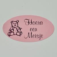 Etiket Hoera een meisje roze/magen ovaal