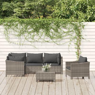 6-delige Loungeset met kussens poly rattan grijs