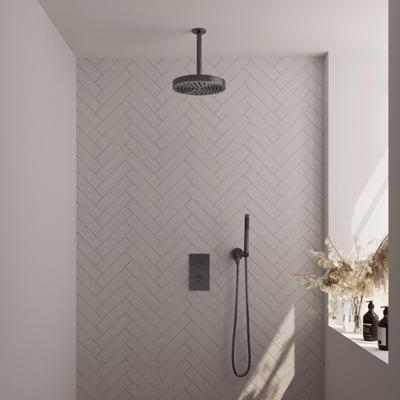 BRAUER Stripe Thermostatische Inbouw Regendouche - 3-weg - rechthoekig - SET 15 - 25cm douchekop - plafondarm - staaf handdouche - doucheslang - wandaansluitbocht - gunmetal geborsteld PVD 5-GM-393