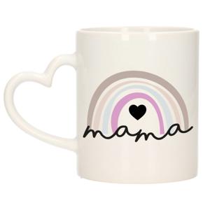 Cadeau koffie/thee mok voor mama - wit met hartjes oor - pastel regenboog - keramiek - Moederdag