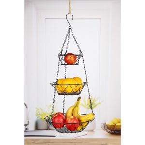 Metalen hang etagere / fruitetagere met 3 ronde manden 67 cm