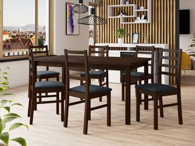 Eettafel ALMANAC 160>200 cm bruin met 6 stoelen en kussens grijs