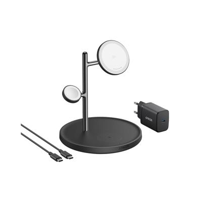 AnkerMagGo Magnetic Wireless Charger 15W 3-in-1 Stand EU Plug Oplader Zwart
