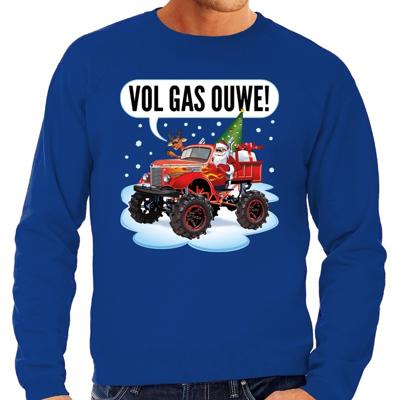 Grote maten foute Kersttrui / sweater - Santa op monstertruck - vol gas ouwe - blauw - voor heren