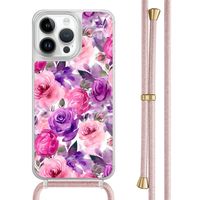 iPhone 13 Pro Max hoesje met rosegoud koord - Rosy blooms