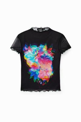 Slim fit T-shirt met bloemen van tule - BLACK - XS