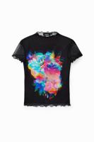 Slim fit T-shirt met bloemen van tule - BLACK - S