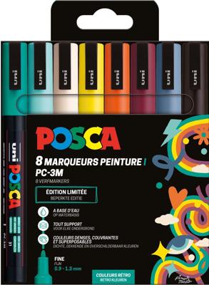 Uni POSCA paintmarker PC-3M, 1,5 mm, etui van 8 stuks in geassorteerde Retro kleuren