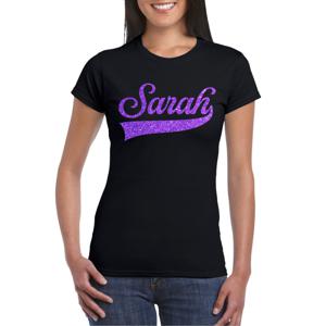 Verjaardag cadeau T-shirt voor dames - Sarah - zwart - glitter paars - 50 jaar