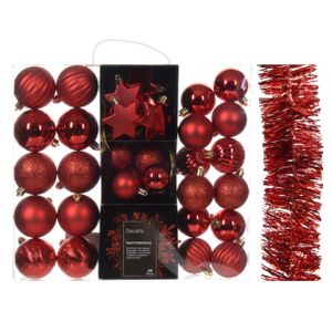 Kerstversiering set - rood - kerstballen, ornamenten en folie slinger - kunststof