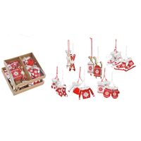 12x stuks houten kersthangers wit/rood wintersport thema kerstboomversiering - Kersthangers