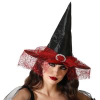 Halloween heksenhoed - met sluier&nbsp; - one size - zwart/rood - meisjes/dames - Verkleedhoofddeksels - thumbnail