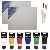 Schilders verf set van 6x tubes acrylverf/hobbyverf 75 ml + 2x doek + 5x kwasten - thumbnail