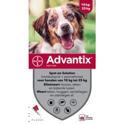 Advantix 250/1250 voor honden van 10 tot 25 kg 2 x 4 pipetten