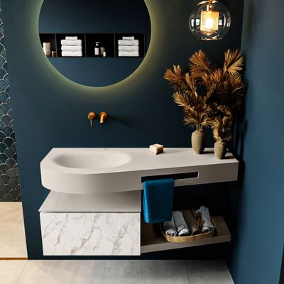 MONDIAZ RIVA 120cm badmeubel onderkast / planchet kleur carrara met 1 lade. Wastafel DULCET links 0 kraangaten kleur Linen. MONDIAZ RIVA 120cm badmeubel onderkast / planchet kleur carrara met 1 lade. Wastafel DULCET links 0 kraangaten kleur Linen.