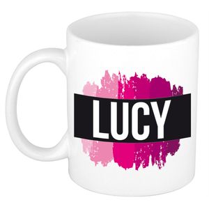 Naam cadeau mok / beker Lucy met roze verfstrepen 300 ml