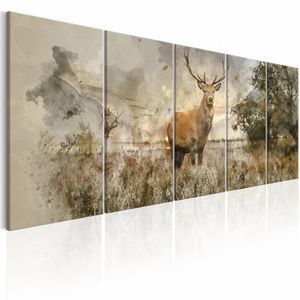 Schilderij - Hert in Waterkleur ,  5 luik , bos , mist