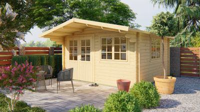 Tuindeco Inge Blokhut 420x420 cm + luifel 120 cm 44 mm vuren blank- Zadeldak- Onbehandeld vurenhout- Tuindeco