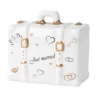 Spaarpot voor volwassenen Just Married - Keramiek - koffer in bruiloft thema - 14 x 10 cm   - - thumbnail