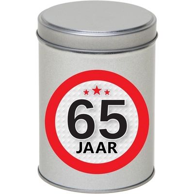 Cadeau/kado zilver rond blik 65 jaar 13 cm