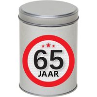 Cadeau/kado zilver rond blik 65 jaar 13 cm