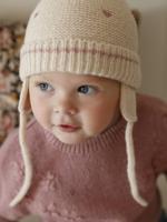 Geborduurde hartjes babyset muts, snood en wanten goudbeige
