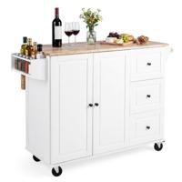 Keukenwagen Keukeneiland op Wieltjes met 3 Lades en Kast Serveerwagen met Uitklapbaar Rubberhouten Werkblad Kruidenrek en Handdoekhouder voor Eetkamer