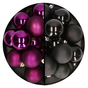 Kerstballen 24x stuks - mix zwart en paars - 6 cm - kunststof