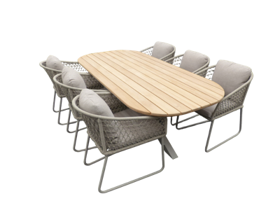 Set Noas dining tafel 220x100x76 cm oval alu salix/teak en 6 Bara dining chairs alu salix/rope salix/flax beige AW - Yoi