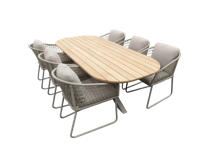 Set Noas dining tafel 220x100x76 cm oval alu salix/teak en 6 Bara dining chairs alu salix/rope salix/flax beige AW - Yoi