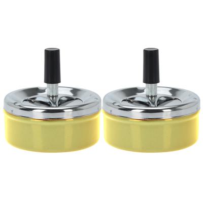 Excellent Houseware Draai asbak - Set van 2x stuks - druk asbak - rond metaal - 10 cm - geel