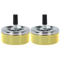 Excellent Houseware Draai asbak - Set van 2x stuks - druk asbak - rond metaal - 10 cm - geel