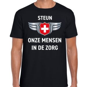 Steun onze mensen in de zorg zilveren schild t-shirt zwart voor