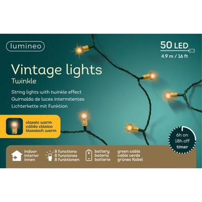 Lumineo Vintage kerstverlichting - 50 led lampjes - klassiek warm wit - 490 cm - batterij