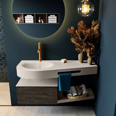 MONDIAZ RIVA 120cm badmeubel onderkast / planchet kleur Dark_Brown met 1 lade. Wastafel DULCET links 1 kraangat kleur Linen.