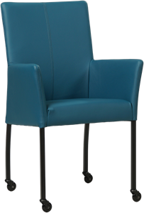 Blauwe leren moderne eetkamerstoel Comfort - met armleuning poot vierkant zwart met wiel - Hermes Leer Turquoise (blauw leer)