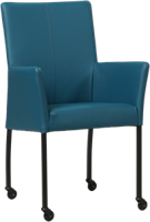Blauwe leren moderne eetkamerstoel Comfort - met armleuning poot vierkant zwart met wiel - Hermes Leer Turquoise (blauw leer)