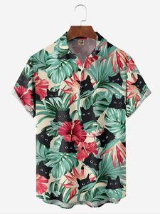 Funny Black Cat Chest Pocket Short Sleeve Hawaiian Shirt