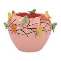 Bloempot/plantenpot Spring birds - roze - keramiek - D26 x H20 cm
